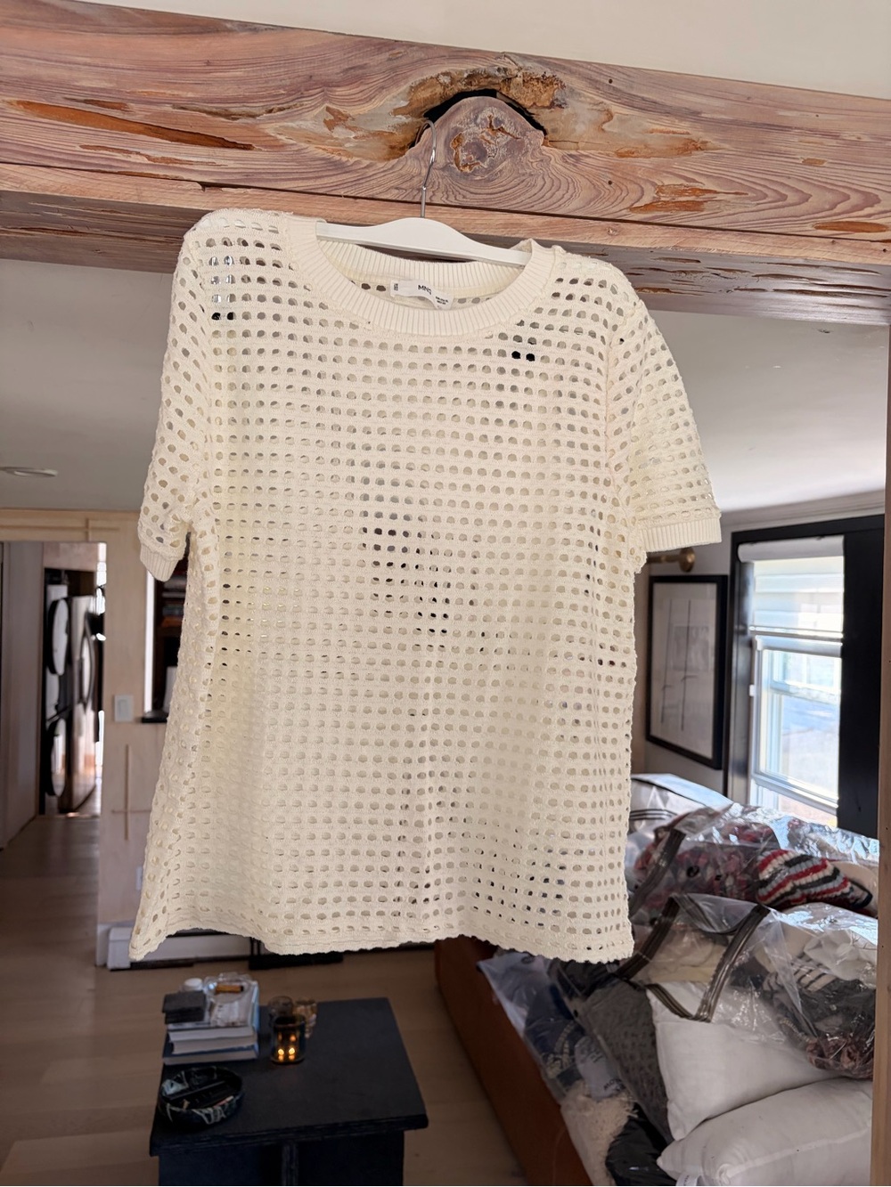 Mango White Open-Knit Crewneck Sweater size XL